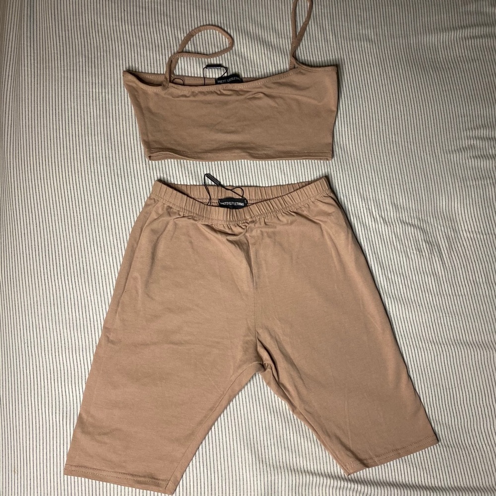 Tan Biker Shorts and Crop Top